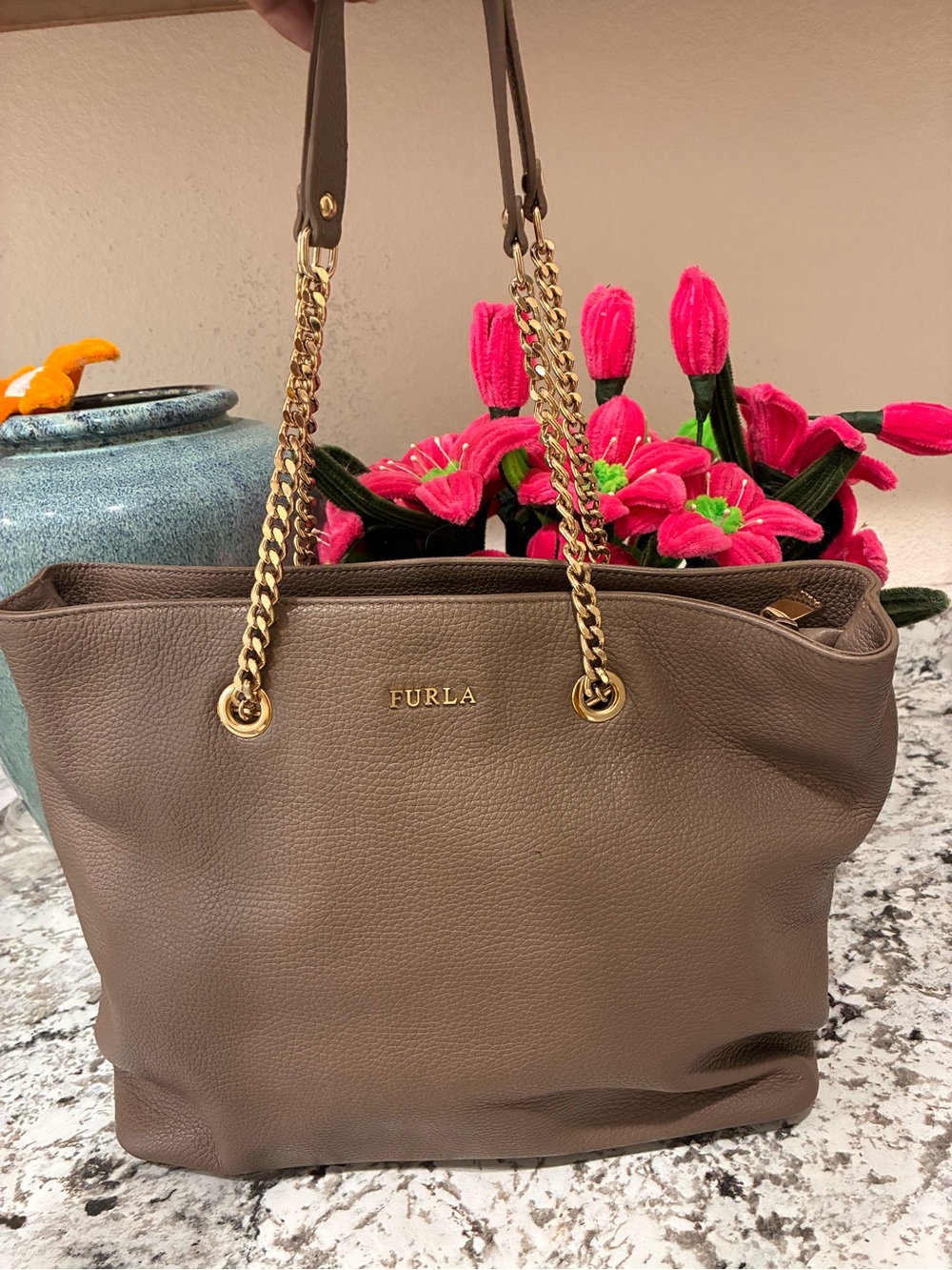 Furla Taupe Pebbled Leather Chain-Handle Shoulder Bag